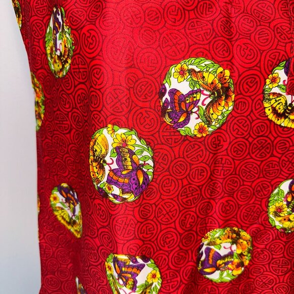 Vtg 70s Red Asian Motif Print Floral Colorful Cap Sleeve Blouse Polyester Size L - Picture 4 of 4